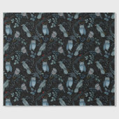 Elegantes Muster von Blauen Vögeln, dunkle Pflanze Geschenkpapier (Flach)