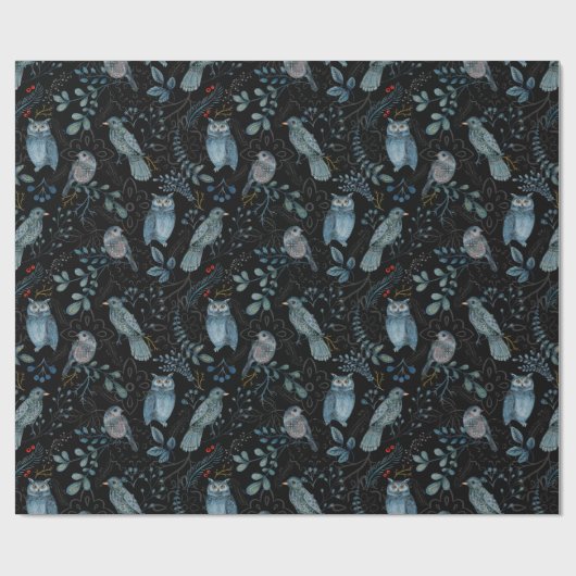 Elegantes Muster von Blauen Vögeln, dunkle Pflanze Geschenkpapier (Flach)