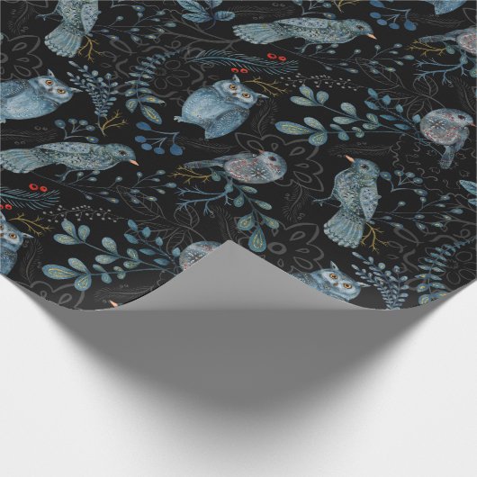 Elegantes Muster von Blauen Vögeln, dunkle Pflanze Geschenkpapier (Ecke)