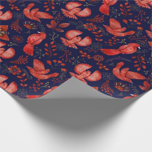 Elegantes Muster von Roten Vögeln, Pflanze auf Bla Geschenkpapier (Ecke)