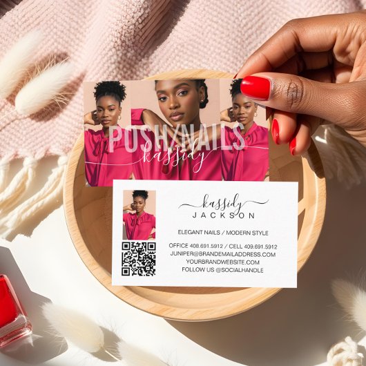 Elegantes Nagelstudio-Script Monogramm Foto QR-Cod Visitenkarte