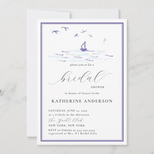Elegantes Nautical Frame Boat Waves Brautparty Einladung (Vorderseite)
