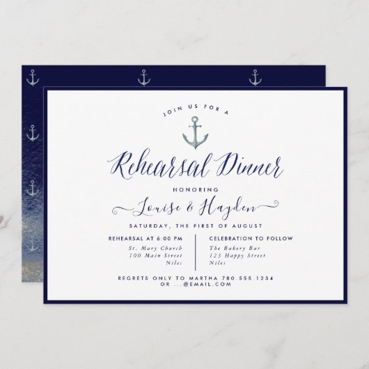 Elegantes Nautical Navy Blue Anchor Probe Dinner Einladung (Vorne/Hinten)