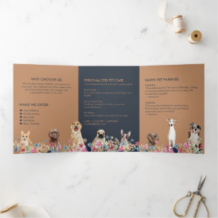 Elegantes Navy-Beige-Blumen-Haustierpflege Dreifach Gefaltete Karte