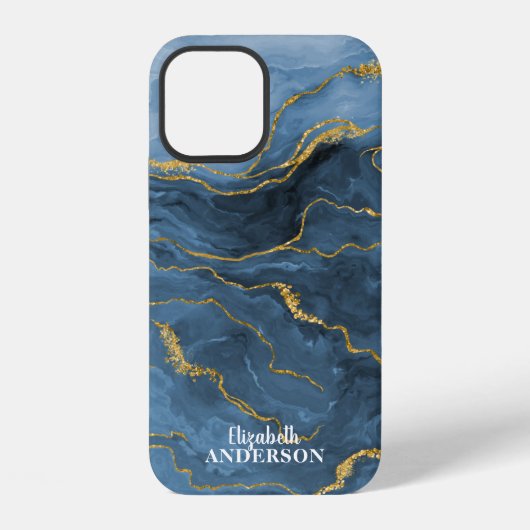 Elegantes Navy-Blau-Achat-Geoden-Marmor-Monogramm iPhone Hülle (Rückseite)