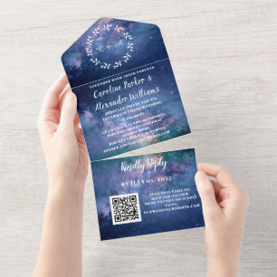 Elegantes Navy Blau Galaxy Modernes RSVP QR Code All In One Einladung