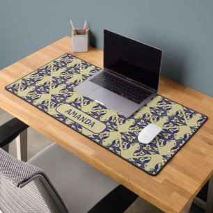 Elegantes Navy Blau Gelbes Vintage-Damaskus-Monogr Schreibtischunterlage
