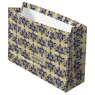 Elegantes Navy Blau Gelbes Vintage Damast Monogram Große Geschenktüte