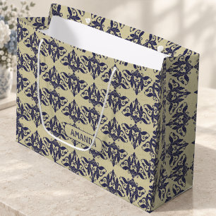 Elegantes Navy Blau Gelbes Vintage Damast Monogram Große Geschenktüte