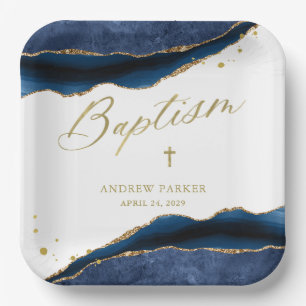 Elegantes Navy Blau Geode mit Goldkreuz   Taufe Pappteller