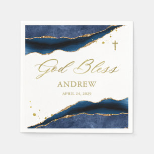 Elegantes Navy-Blau-Geode mit Goldkreuz   Taufe Serviette