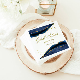 Elegantes Navy-Blau-Geode mit Goldkreuz Taufe Serviette