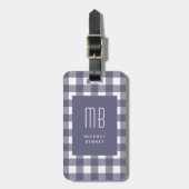 Elegantes Navy Blau Gingham Monogramm Gepäckanhänger (Vorderseite vertikal)