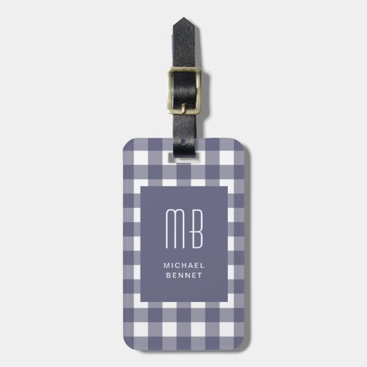 Elegantes Navy Blau Gingham Monogramm Gepäckanhänger (Vorderseite vertikal)