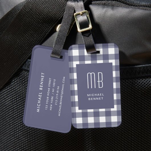 Elegantes Navy Blau Gingham Monogramm Gepäckanhänger