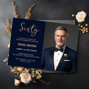Elegantes Navy Blau Gold Achat 60. Geburtstag Foto Einladung