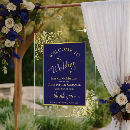 Elegantes Navy Blau & Gold Hochzeits Willkommen Acrylschild