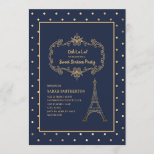 Elegantes Navy Blau Goldener Eiffelturm Sweet 16 Einladung