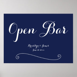 Elegantes Navy-Blau-Hochzeits-Open-Bar-Schild Poster