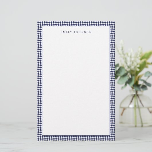 Elegantes Navy Blau Houndstooth Monogramm Briefpapier (Stehend Vorderseite)