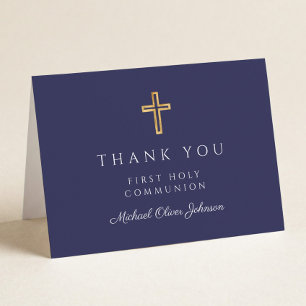 Elegantes Navy Blau Jungen Erstkommunion  Dankeskarte