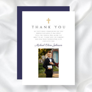 Elegantes Navy-Blau-Kreuz-Junge-Erste-Heilige-Komm Dankeskarte
