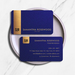 Elegantes Navy-Blau-Leder & Gold-Balken-Monogramm Visitenkarte