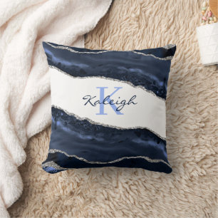 Elegantes Navy Blau Marmor Silber Glitter Monogram Kissen