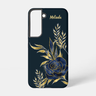 Elegantes Navy Blau Roségold Blätter Monogramm Samsung Galaxy Hülle