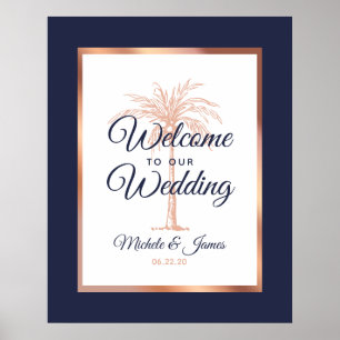 Elegantes Navy-Blau-Roségold-Palm-Hochzeits-Willko Poster