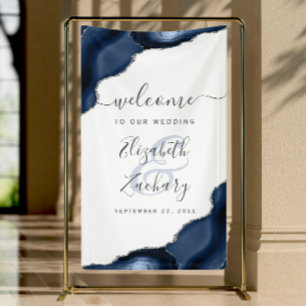 Elegantes Navy Blau Silber Achat Hochzeits Willkom Banner