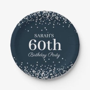 Elegantes Navy Blau Silber Glitter 60. Geburtstag Pappteller