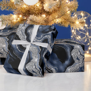 Elegantes Navy Blau & Silber Glitter Achat Geburts Geschenkpapier