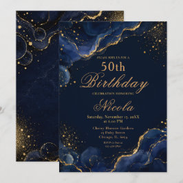 Elegantes Navy Blau und Gold Alcohol Ink Einladung