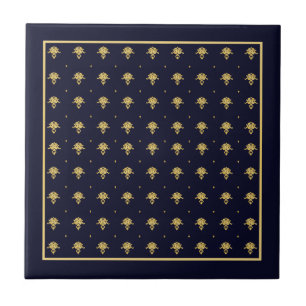 Elegantes Navy Blau und Gold Damast Fliese