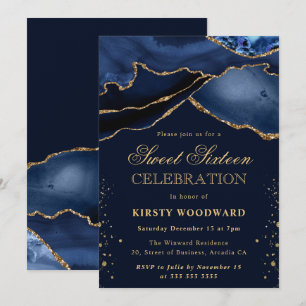 Elegantes Navy Blau und Gold Glitter Agate Sweet 1 Einladung