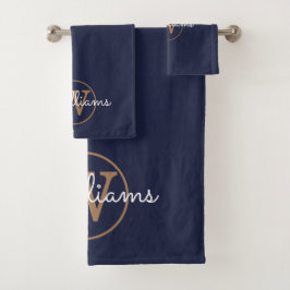 Elegantes Navy Blau und Gold Monogramm Badhandtuch Set