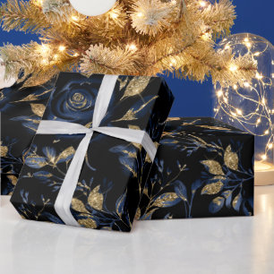 Elegantes Navy Blau und Gold Rose Blumenmuster Geschenkpapier