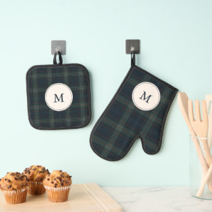Elegantes Navy-Blau und Grün kariertes Monogramm Ofenhandschuh & Topflappen-Set
