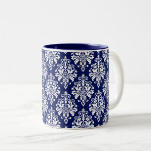 Elegantes Navy Blau und Weiß Damastmuster Zweifarbige Tasse