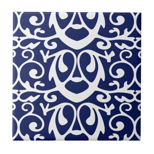 Elegantes Navy Blau und Weißes Muster Keramik Flie Fliese (Vorderseite)