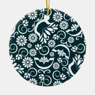 Elegantes Navy Blau Weiß Florales Vintage-Rankenwe Keramikornament