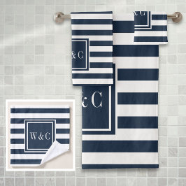 Elegantes Navy-Blau-Weiß gestreiftes Monogramm Badhandtuch Set