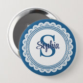 Elegantes Navy Blau Weiß Spitze Monogramm Name Button (Vorne & Hinten)