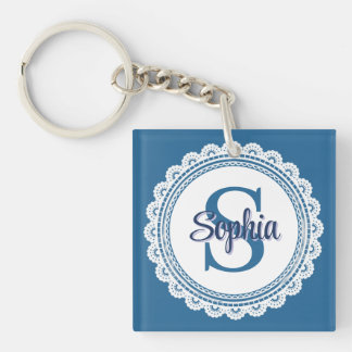 Elegantes Navy Blau Weiß Spitze Monogramm Name Schlüsselanhänger