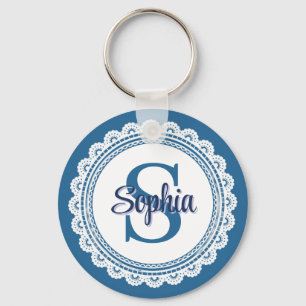 Elegantes Navy Blau Weiß Spitze Monogramm Name Schlüsselanhänger