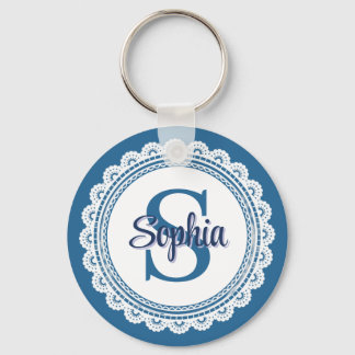 Elegantes Navy Blau Weiß Spitze Monogramm Name Schlüsselanhänger