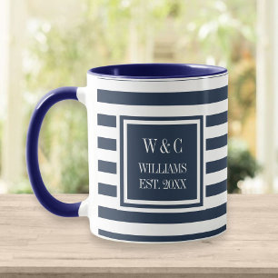 Elegantes Navy Blau Weiß Streifen Monogramm Name Tasse