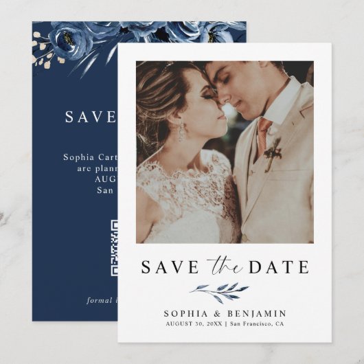 Elegantes Navy Blaues Blumen-Foto- & QR-Code-Hochz Save The Date (Vorne/Hinten)