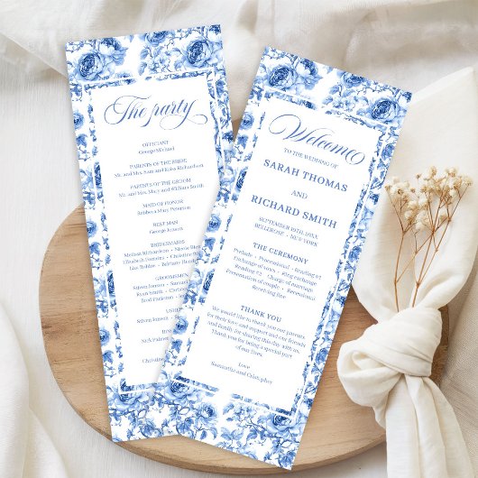 Elegantes Navy-Blaues Florales Toile-Hochzeitsprog Programm